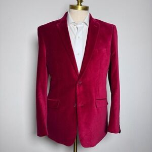 Adolfo Blazer Mens Size M Red Solid Velvet Slim Fit Two Button Sport Coat